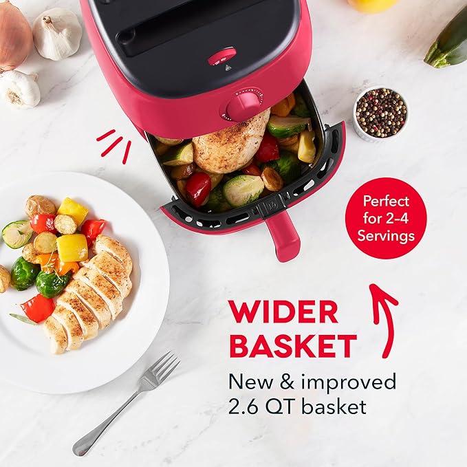 DASH Tasti-Crisp™ Electric Air Fryer Oven, 2.6 Qt., Red – Compact Air Fryer for Healthier Food in Minutes, Ideal for Small Spaces - Auto Shut Off, Analog, 1000-Watt