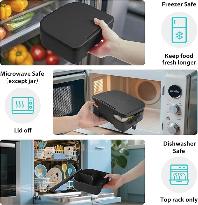 TinyPalsa Bento Box for Kids with 10oz Thermos, Durable Lunch Box with Leak Proof Insulated Food Jar, 3 Compartments with Portable Handle for Ages 3+, Dishwasher Safe, Ideal for School, Travel (Black)