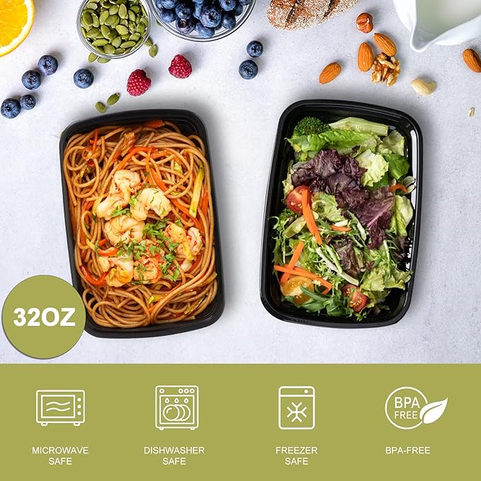 50 Pack- Meal Prep Containers 32oz, Plastic Food Prep Containers Reusable, Leakproof To Go Food Containers with Lids, BPA-Free, Microwave/Dishwasher/Freezer Safe