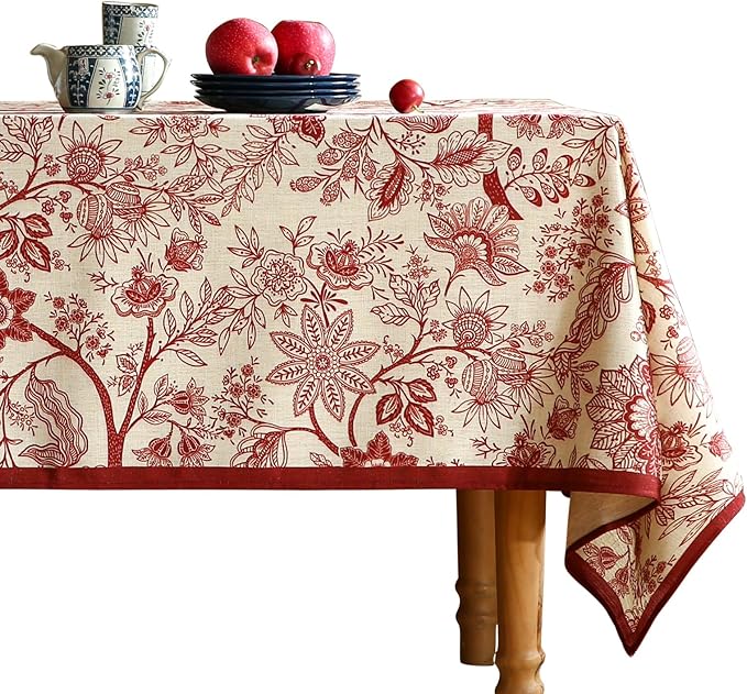 ISAENNE Designer French Linen Long Rectangle Tablecloth,Red Floral Washable Indoor Table Cloth,Durable Home Decor Tablecloths for Dining Thanksgiving Kitchen Party Christmas,63"*102"-Ruyi A