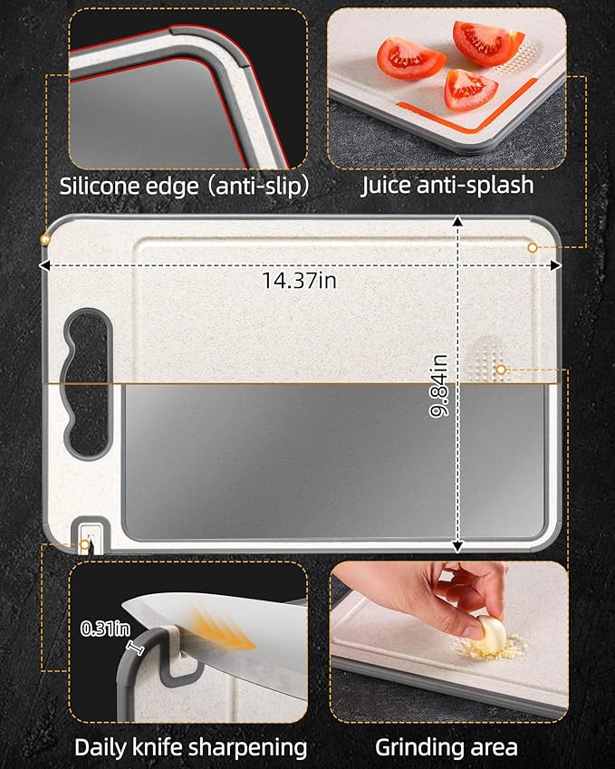 Titanium Cutting Board Double Sided for Kitchen,Knife Sharpener & Garlic Grater Wheat Straw + PP with Juice Groove Large Chopping Board（15×10In） Kitchen Necessities for Home