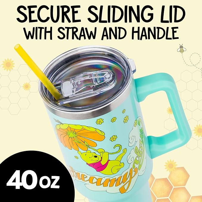 Silver Buffalo Disney Winnie the Pooh “Dreamy Days” Retro Art Stainless Steel Tumbler with Handle and Straw, Fits in Standard Cup Holder, 40 Ounces