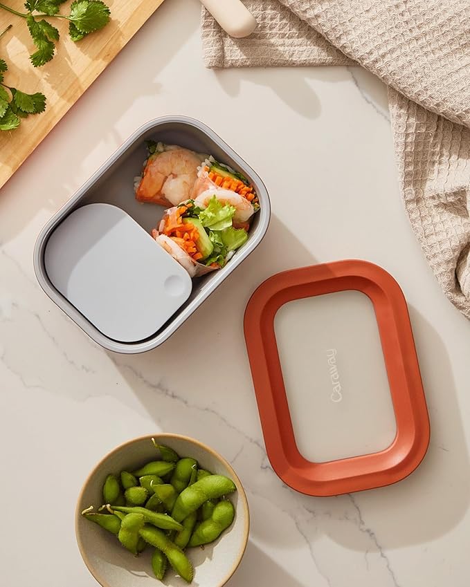 Caraway 6pc Glass Food Storage Set - 2.6 Cup Storage Containers For Food (6) - Non-Toxic Ceramic-Coated Glass - Air Release Technology - Compact & Stackable Design - Gray