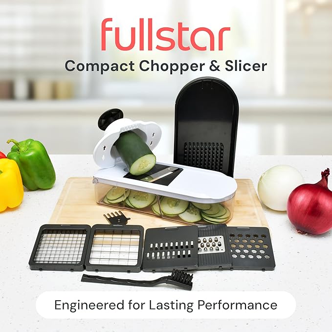 Fullstar Mandoline Slicer for Kitchen - Vegetable Chopper, Onion Potato Food Veggie Fruit Slicer and Cutter with Container, Kitchen Gadgets & Gifts, Home Essentials (6-in-1, Gray/Green)