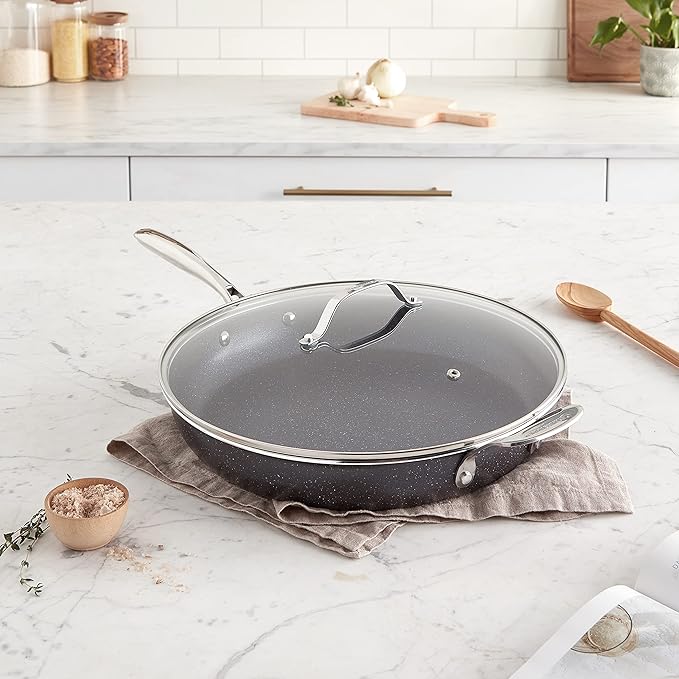 Granitestone 14 Inch Pan for Cooking, Family Sized Large Non Stick Frying Pans Skillet for Eggs, Omelette, with Helper Handle, PFOA PFOS Free Oven & Dishwasher Safe - LID NOT INCLUDED