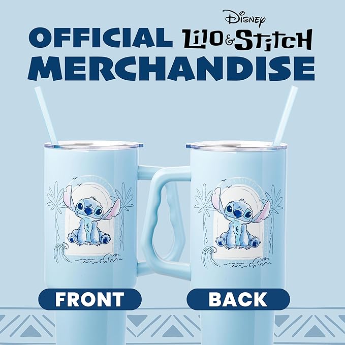 Silver Buffalo Disney Lilo and Stitch Minimalistic Design Ocean and Tropical Stainless Steel Tumbler with Handle and Straw, Fits in Standard Cup Holder, 40 Ounces