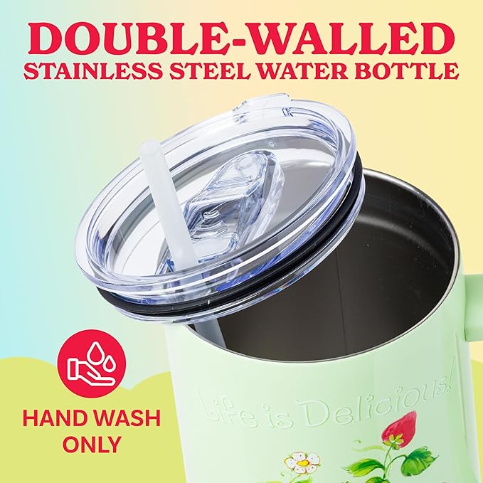 Silver Buffalo Strawberry Shortcake and Custard “Life is Delicious!” Stainless Steel Tumbler with Handle, Fits in Standard Cup Holder, 40 Ounces