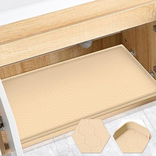 Waterproof Under Sink Mat 28" x 19", Silicone Cabinet Liner, Rubber Protector for Kitchen and Bathroom, Keeps Cabinets Clean, Dry, and Organized (Beige)