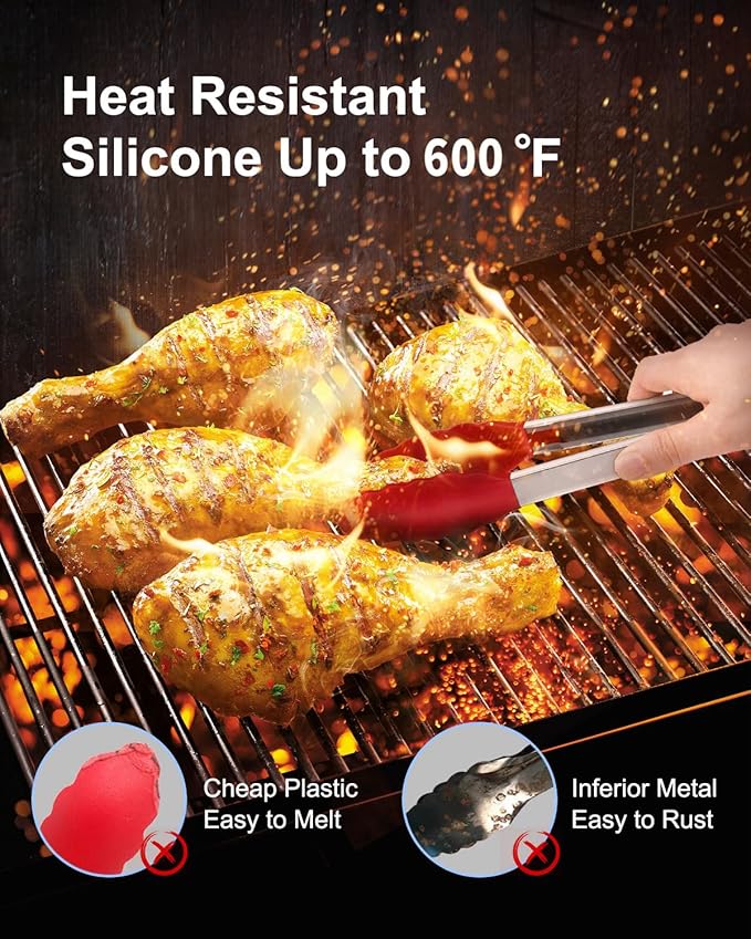 600ºF Heat Resistant Kitchen Tongs, Premium Locking Cooking Tongs with Silicone Tips, Non-Slip Food Tongs for Cooking, Non-Stick, Heavy Duty Stainless Steel Handle, Set of 3-7" 9" and 12" Multicolor