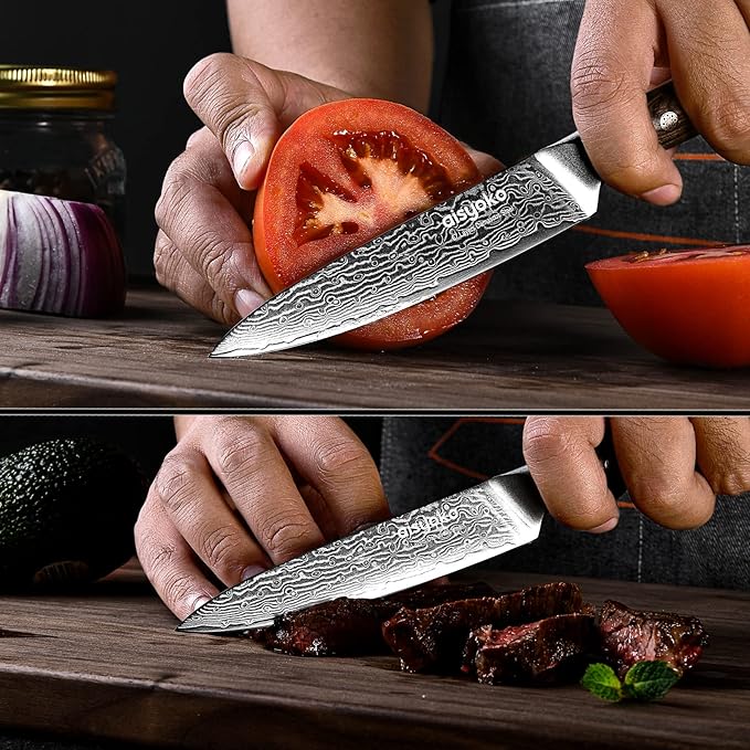 5-Inch Paring Knife - Japanese VG-10 Super Steel 67-Layer Damascus Blade - Fruit Utility Knife for Carving & Peeling - Luxury Gift Box with Color Wooden Handle - Includes Scabbard