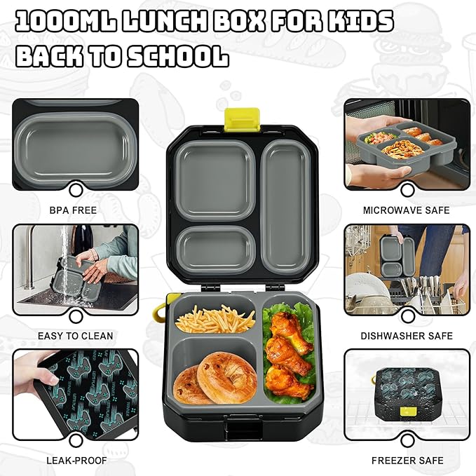 Itslife Bento Lunch Box Set for Kids with 12oz Soup Thermo&Lunch Bag, Leak-Proof Lunch Food Containers for Kids School, 5 Compartment, Sauce Cup, 10 Notes (Gaming Black)
