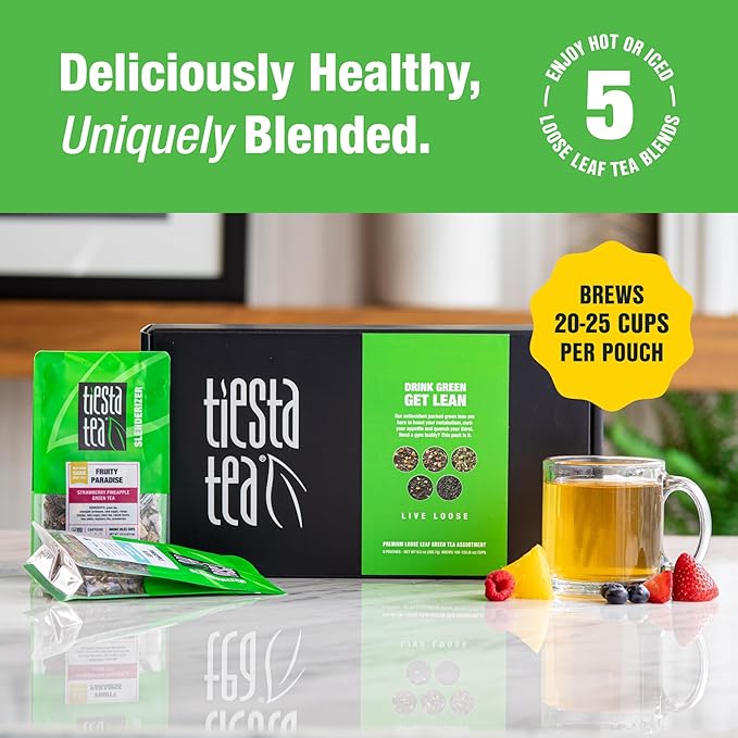 Tiesta Tea - Green Tea Gift Box, Loose Leaf, Medium Caffeinated Variety Pack, Make Hot & Iced Brews, 5 Pouches of Assorted Blends with Chinese Gunpowder, Chinese Jasmine, and Fruity Green