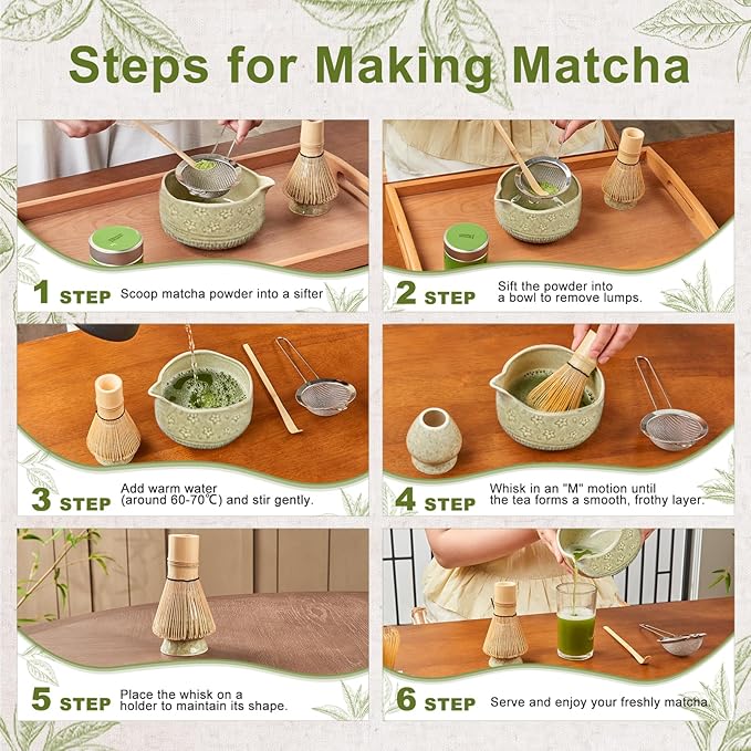 5Pcs Matcha Whisk Set, 18OZ Bowl With Spout, Japanese Ceremony Matcha Whisks Kit, 100% Natural Bamboo Whisk, Ceramic Whisk Holder (Green), Stainless Sifter, Tea Scoop, Gift for Matcha Lovers Beginner