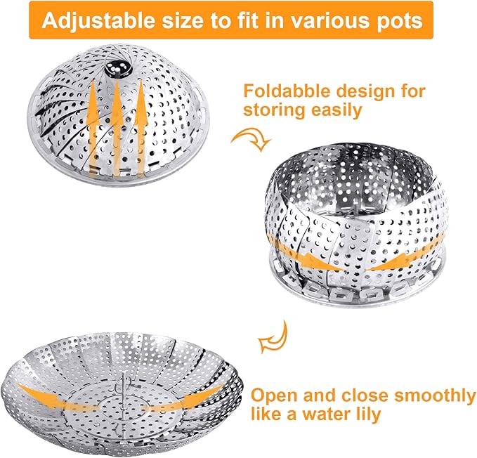 Large Veggie Vegetable Steamer Basket, Folding Steaming Basket, Collapsible Metal Stainless Steel Steamer Basket Insert, for Cooking Food, Expandable Fit Various Size Pot(7.1" to 11.8") YLYL
