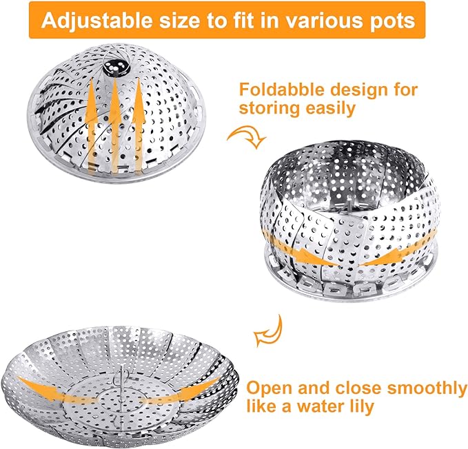 Veggie Vegetable Steamer Basket, Folding Steaming Basket, Metal Collapsible Stainless Steel Steamer Basket Insert, for Cooking Food, Expandable Fit Various Size Pot(5.3" to 8.6") YLYL