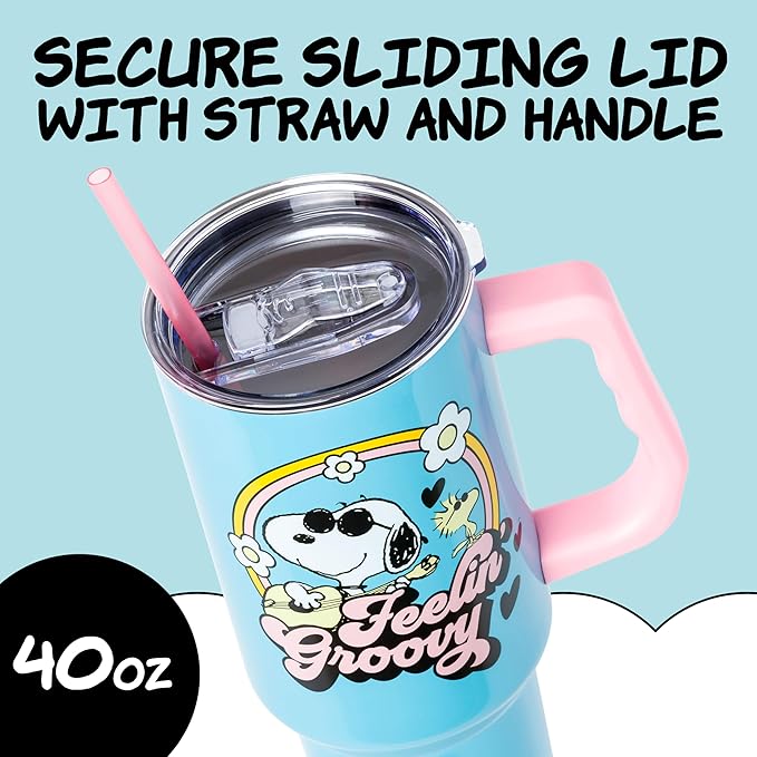 Silver Buffalo Peanuts Featuring Snoopy and Woodstock Feelin' Groovy Stainless Steel Tumbler with Handle and Straw, Fits in Standard Cup Holder, 40 Ounces