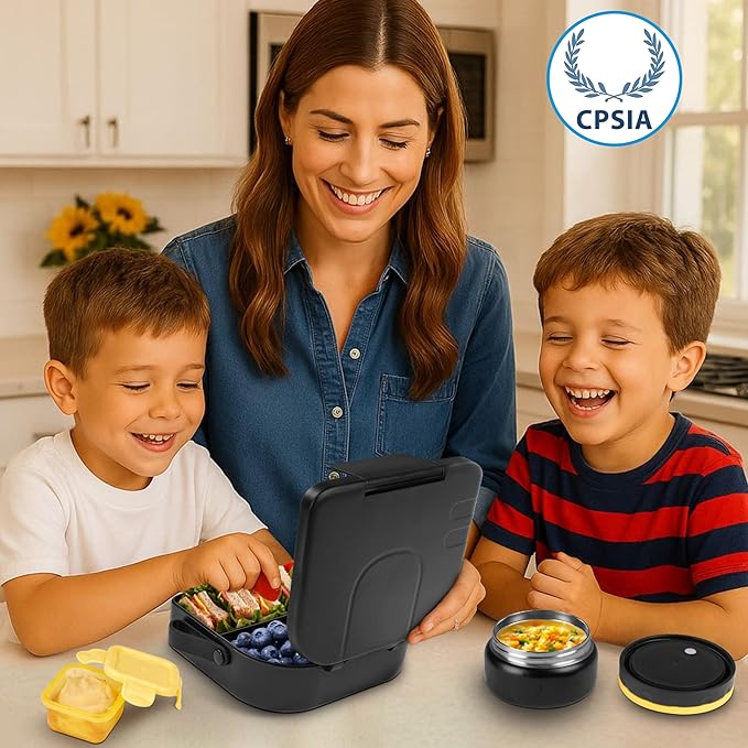 TinyPalsa Bento Box for Kids with 10oz Thermos, Durable Lunch Box with Leak Proof Insulated Food Jar, 3 Compartments with Portable Handle for Ages 3+, Dishwasher Safe, Ideal for School, Travel (Black)