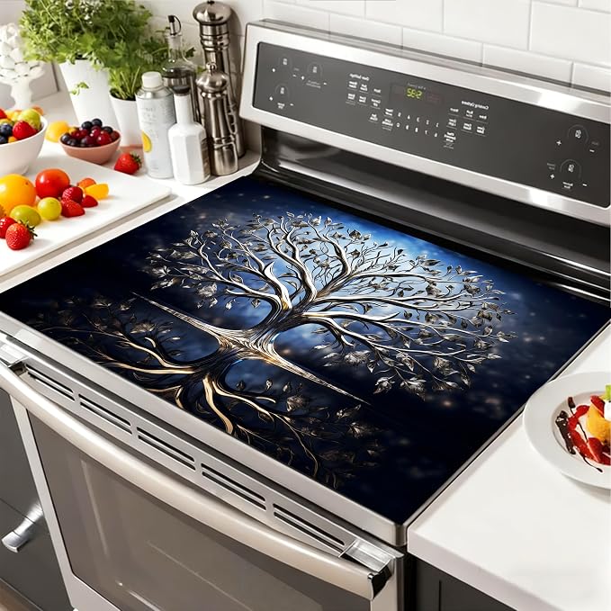 Silver Tree of Life Stove Top Cover 28.3 x 20.5 Inches, Heat Resistant Glass by KKYEJLQYI
