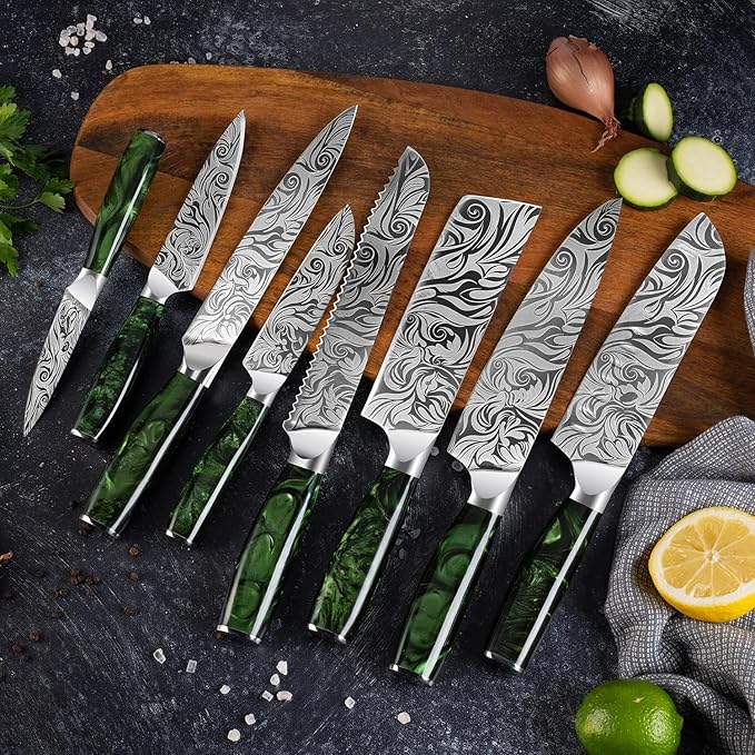 SENKEN 8-piece Engraved Japanese Kitchen Knife Set & Beautiful Green Resin Epoxy Handles - Wasabi Collection - Chef's Knife, Bread Knife, Cleaver Knife, Paring Knife, & More
