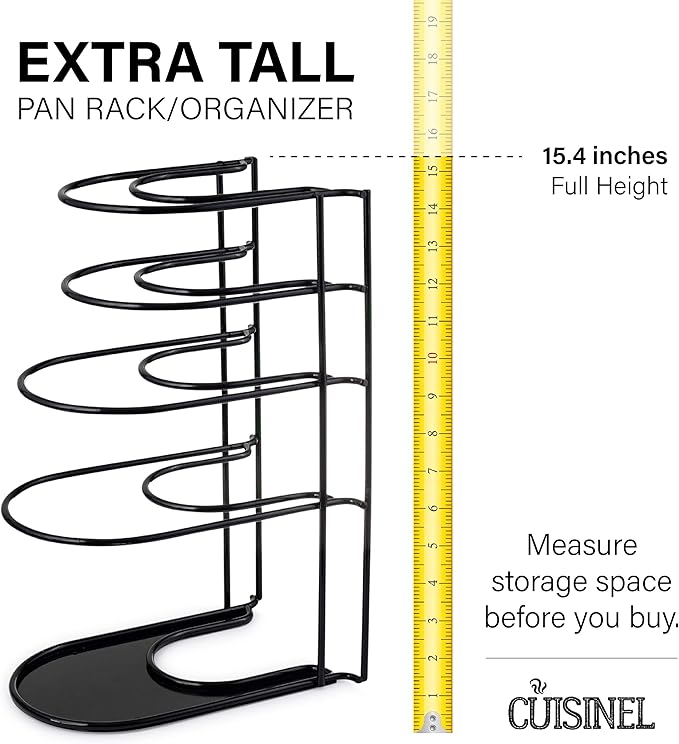 Heavy Duty Pan Organizer, Extra Large 5 Tier Rack - Holds Cast Iron Skillets, Dutch Oven, Griddles - Durable Steel Construction - Space Saving Kitchen Storage - No Assembly Required - Black 15-inch
