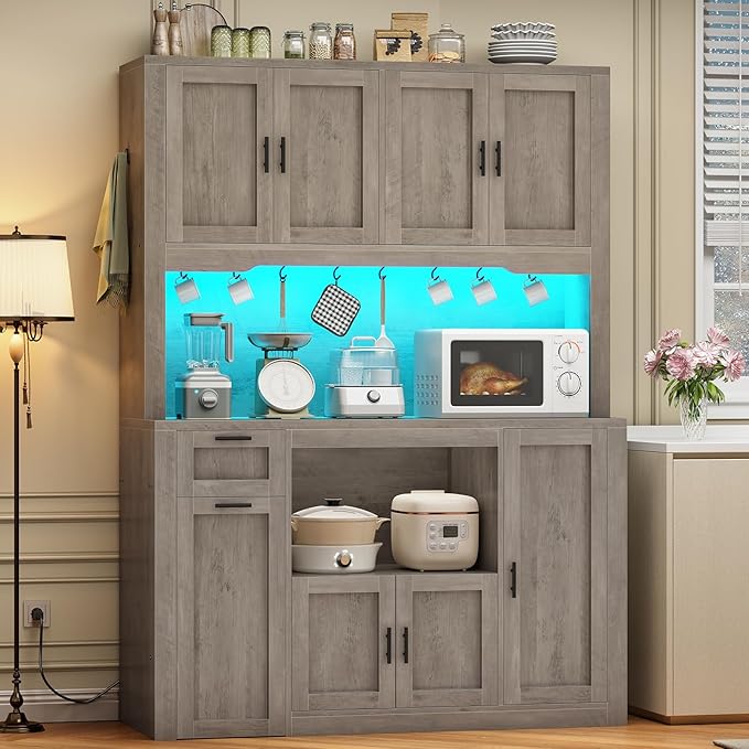 Itaar 71" Pantry Cabinet with Charging Station and LED Light, Kitchen Pantry Cabinet with Microwave Stand, 47.2" Wide Kitchen Storage Cabinets with Storage Cart 3 Tier for Dining Room, Grey