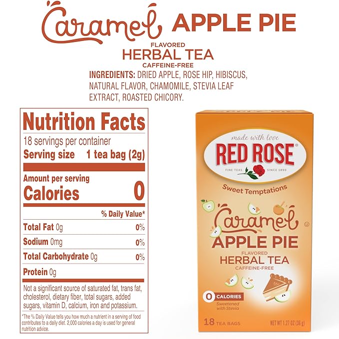 Red Rose Sweet Temptations Dessert Tea Caramel Apple Pie, Zero Carbs, Zero Sugar Bursting with Flavor Caffeine-Free Delicious Beverage Herbal Tea, 18 Count of Fruit Naturally Flavored Herbal Tea