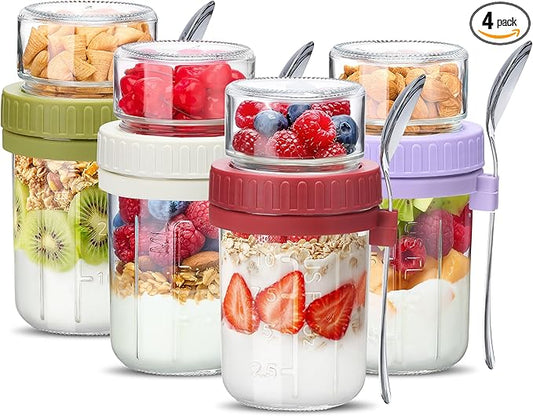 Danmu 4 Pack Overnight Oats Containers with Lids 16 oz,Dual-Layer Yogurt Parfait Cups with Lids,Meal Prep Containers Glass for Snack,Overnight Oats,Yogurt,Parfait,Salad Dishwasher Safe