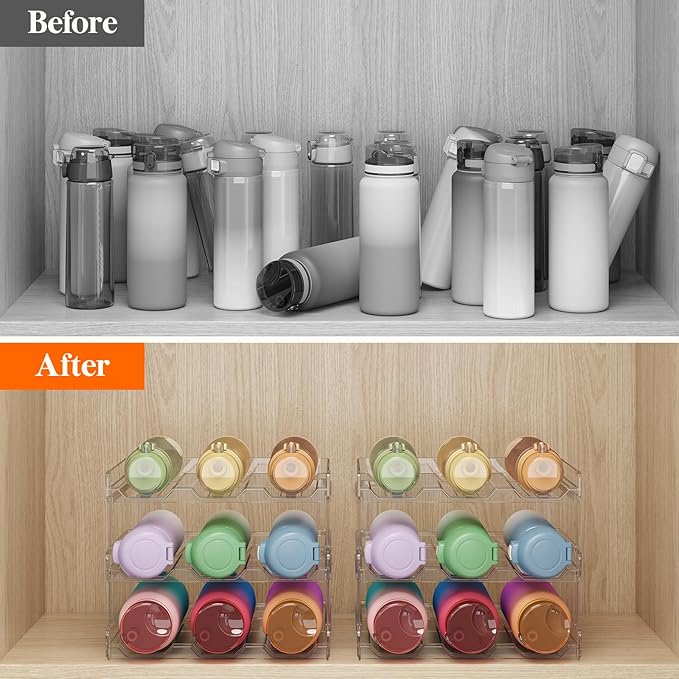 Lifewit Stackable Water Bottle Organizer for Cabinet, Water Bottle Holder, Kitchen Pantry Organization and Storage, Plastic Fridge Wine Racks, Tumbler Travel Mug Cup Holder, 6Pack, Hold 18 Bottles