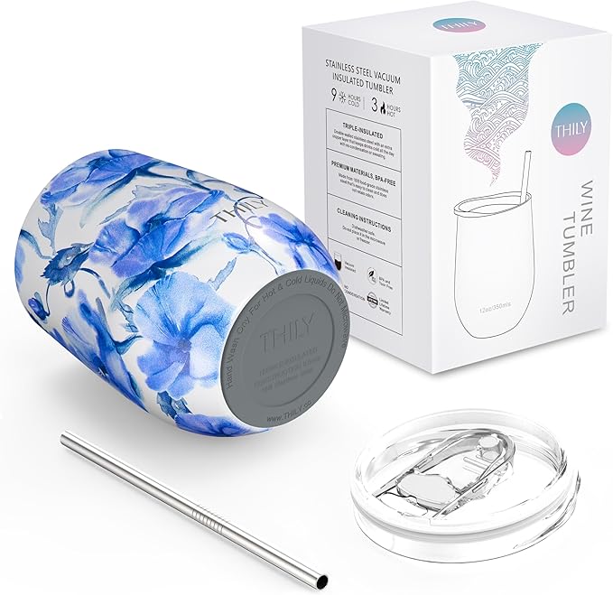 THILY Stainless Steel Insulated Wine Tumbler Stemless Wine Glass with Sliding Lid and Straw, Cute Travel Cup Keep Coffee and Cocktails Cold, Gifts for Women, Her, Iridaceae