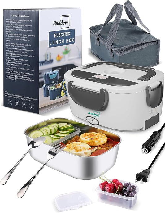 Buddew Electric Heated Lunch Box for Adults - 80W Fast Heating, 1.5L Food-Grade Stainless Steel, 12V/24V/110V Portable Food Warmer for Work Travel Car, Lonchera Electrica Portatil