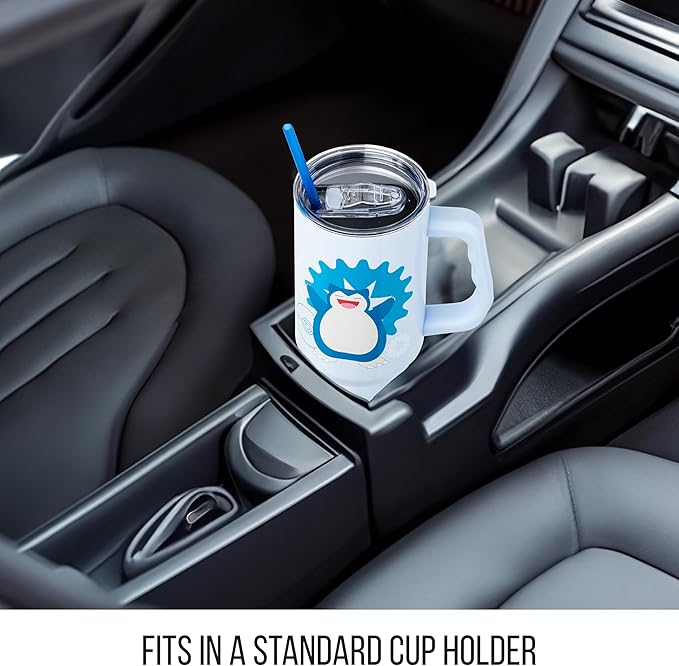 Silver Buffalo Pokémon Stainless Steel Tumbler with Handle Featuring Snorlax, Fits in Standard Cup Holder, 40 Ounces