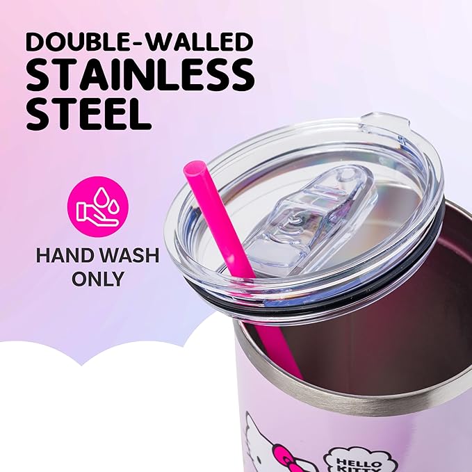 Silver Buffalo Sanrio Hello Kitty Spring and Summer Flowers Rainbow Stripes Stainless Steel Tumbler with Handle and Straw, Fits in Standard Cup Holder, 40 Ounces