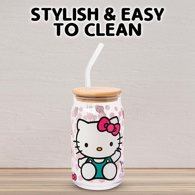 Silver Buffalo Sanrio Hello Kitty Strawberry Milk Bow Pink Polka Dot Glass Jar Tumbler with Bamboo Lid and Glass Straw, 16 Ounces