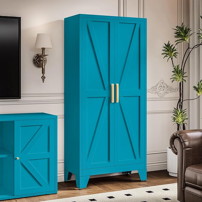 61" Tall Metal Storage Cabinet with 2 Doors and 3 Adjustable Shelves, 4-Tier Kitchen Pantry Storage Cabinet for Kitchen, Living Room, Dining Room and Office, Blue