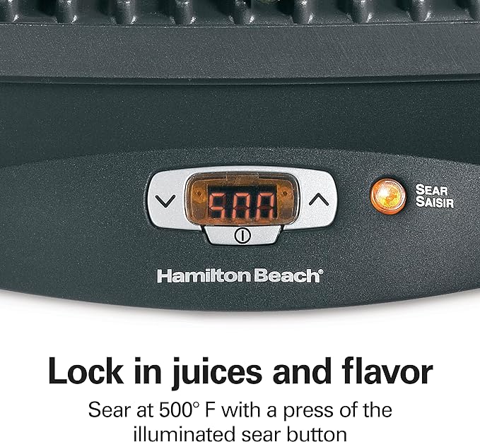 Hamilton Beach Steak Lover's Electric Indoor Searing Grill, Nonstick 100 Square, Stainless Steel (25331), Black and Stainless, Medium
