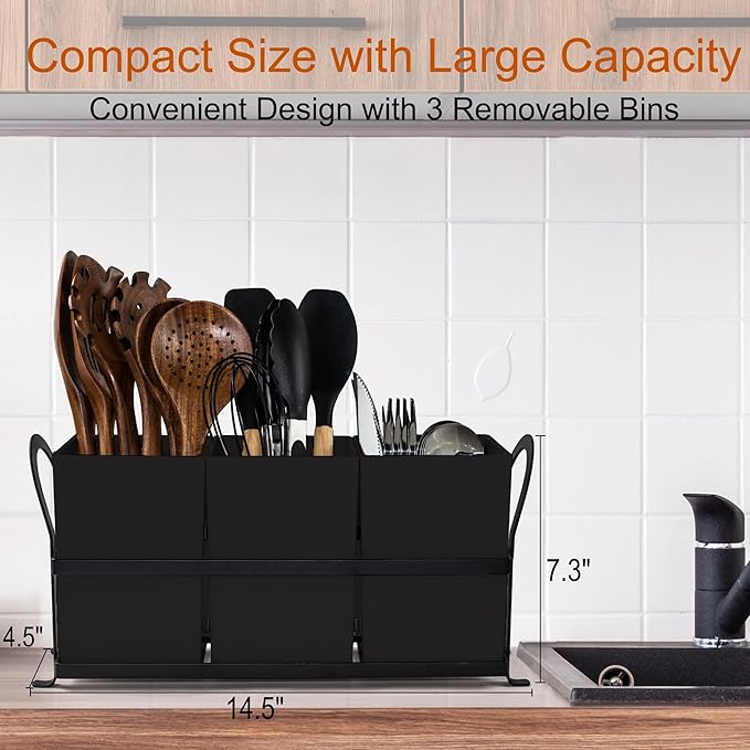 Large Utensil Caddy, Drainage Utensil Holder for Kitchen Counter, 3pcs Bins Set Cooking Utensil Organizer for Spoons, Spatulas, Black