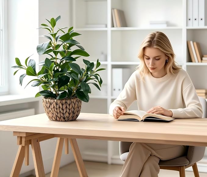 AlphaAcc 18.8 Inch Artificial Ficus Plant Indoor Faux Greenery Potted in Rattan - Image 6