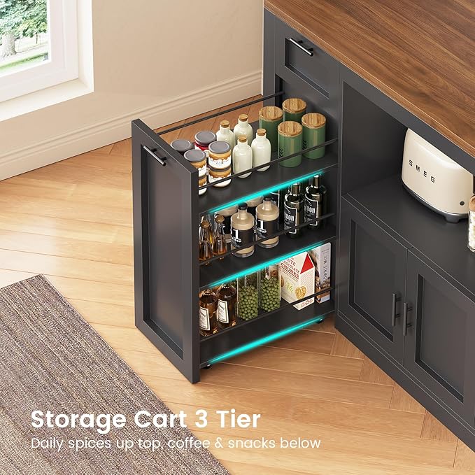 Itaar 71" Pantry Cabinet with Charging Station and LED Light, Kitchen Pantry Cabinet with Microwave Stand, 47.2" Wide Kitchen Storage Cabinets with Storage Cart 3 Tier for Dining Room, Black