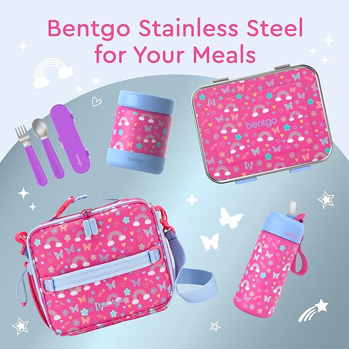 Bentgo Kids Stainless Steel Prints Leak-Resistant Lunch Box - 3-Compartments with Silicone Container, Durable, Eco-Friendly, Dishwasher Safe, BPA-Free, for School, Ages 3+ (Rainbows & Butterflies)