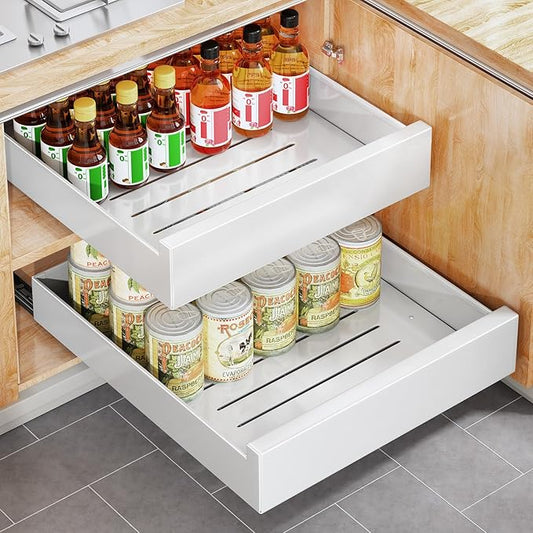 Pull Out Cabinet Organizer with Nano Adhesive, Heavy Duty Full-Extension Slide-Out Drawer for Kitchen Cabinet Organizers and Storage, No Drill Roll out Pantry Shelf, 13.8"W x 16.9"D x 3.1"H , White