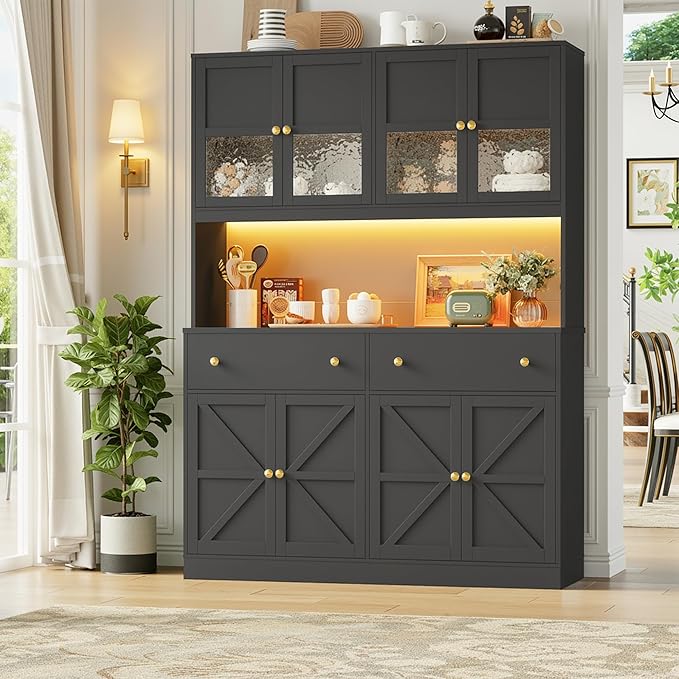 FINETONES 71" Pantry Cabinet with LED Light and Charging Station, Farmhouse Kitchen Pantry Cabinet with Microwave Stand, 47.2" Wide Kitchen Hutch Food Pantry with Open Countertop, Black