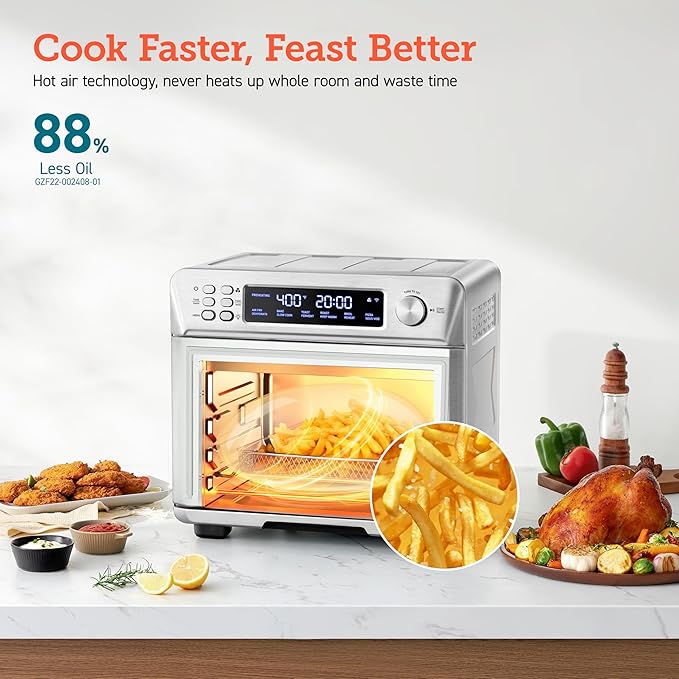 COSORI Smart 12-in-1 Air Fryer Toaster Oven Combo, Airfryer Convection Oven Countertop, Bake, Roast, Reheat, Broiler, Dehydrate, 75 Recipes & 3 Accessories, 26QT, Silver-Stainless Steel