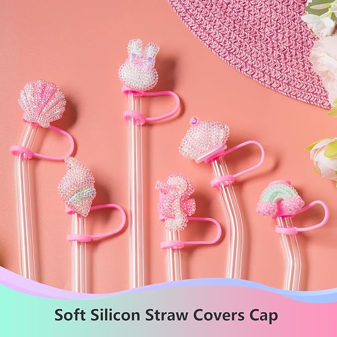 6Pcs Glitter Pink Straw Cover Cap for Stanley Cup, 10mm Reusable Cute Pink Drinking Straw Topper Accessories, Portable Protector Plugs Decorations Gifts for Kids Party Favors