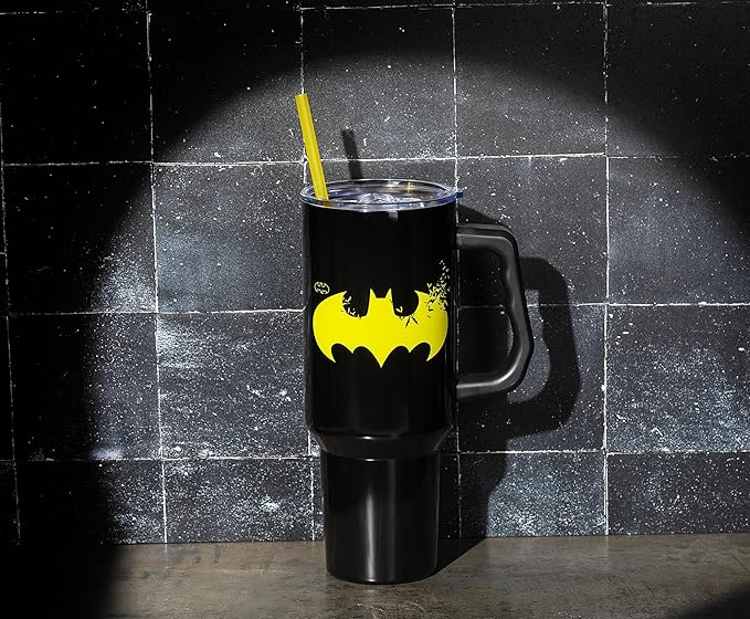 Silver Buffalo DC Comics Batman Logo Stainless Steel Tumbler with Handle and Straw, Fits in Standard Cup Holder, 40 Ounces