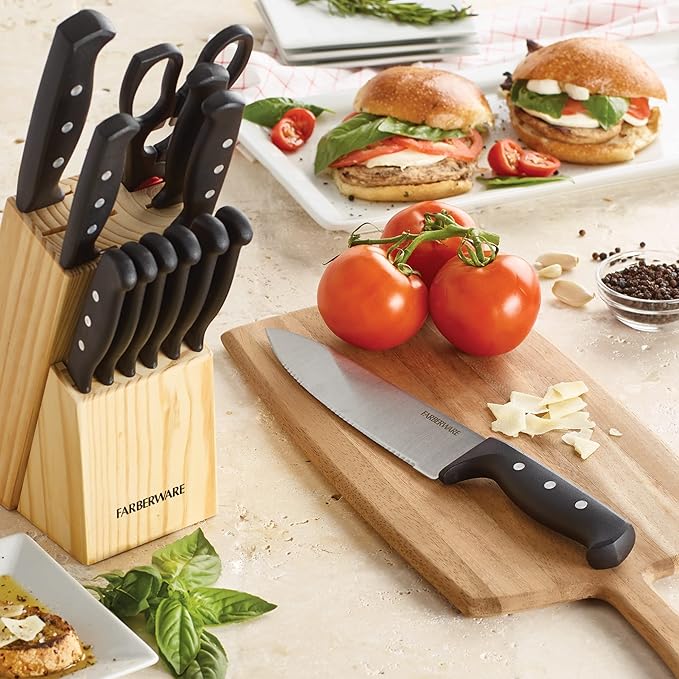 Farberware 22-Piece Never Needs Sharpening Triple Rivet High-Carbon Stainless Steel Knife Block and Kitchen Tool Set, Black, Durable ANDPrecision Cutlery