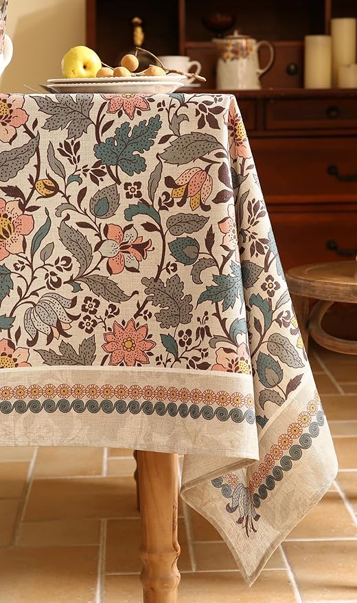 ISAENNE Designer Boho Floral Extra Long Tablecloth Rectangle,Linen Lotus Flower Pattern Colorful Table Cloth,Durable Decor Tablecloths for Dining Thanksgiving Kitchen Christmas,63"*110"-Hazel A