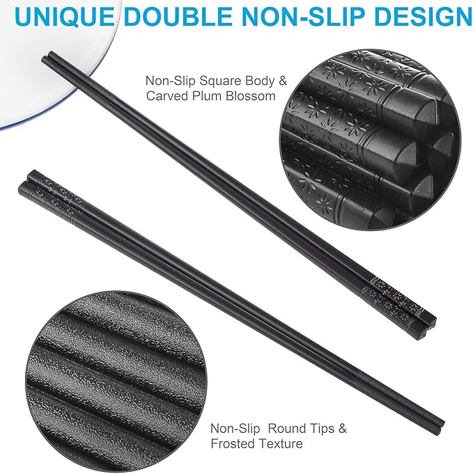 10 Pairs Fiberglass Chopsticks Family Set, ONEHERE Reusable Chinese, Japanese, Korean Chop sticks, Dishwasher Safe, Non-slip, for Sushi, Noodles, Food, Hotpot& Cooking, 9.5 inches, Classic Black