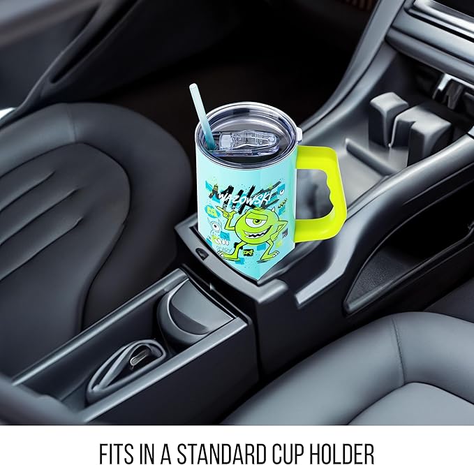 Silver Buffalo Disney Pixar Monsters Inc. Stainless Steel Tumbler with Handle Featuring Mike Wazowski, Fits in Standard Cup Holder, 40 Ounces