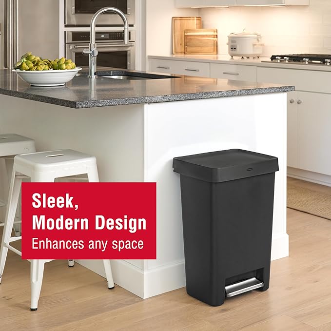 Rubbermaid Step-On Kitchen Trash Can with Lid, 12.4 Gallon, Black, Garbage Container for Home/Kitchen/Apartment/Garage