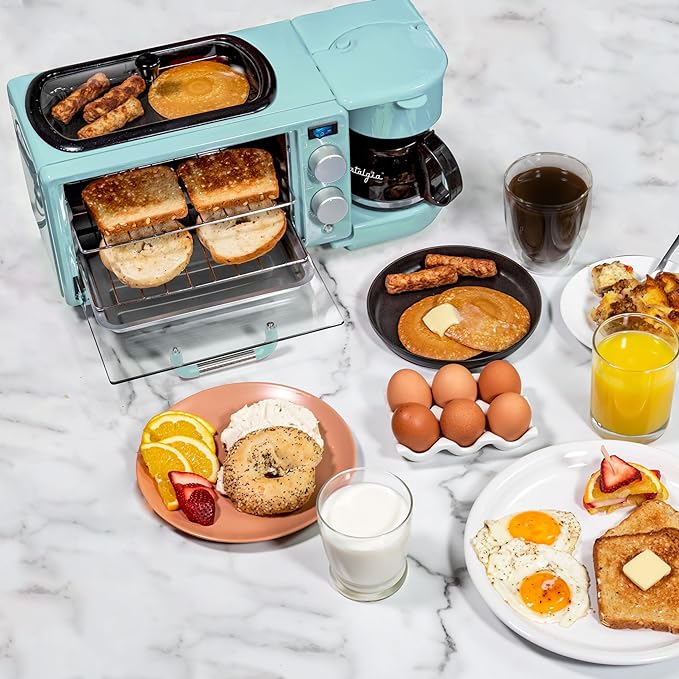 Nostalgia 3-in-1 Retro Breakfast Station - Includes 5 Cup Coffee Maker, Non-Stick Ceramic Griddle, and 4-Slice Toaster Oven - Built-In Timer, Reusable Coffee Filter, Space-Saving Design - Aqua